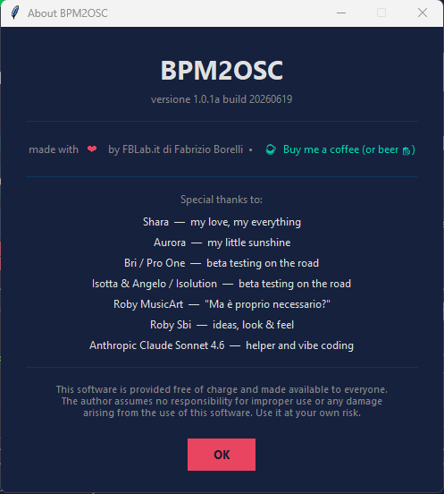 About BPM2OSC — credits dialog