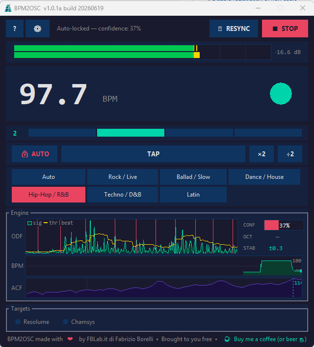 BPM2OSC main window showing 97.7 BPM, VU meter, preset bar, Engine panel, and OSC target indicators
