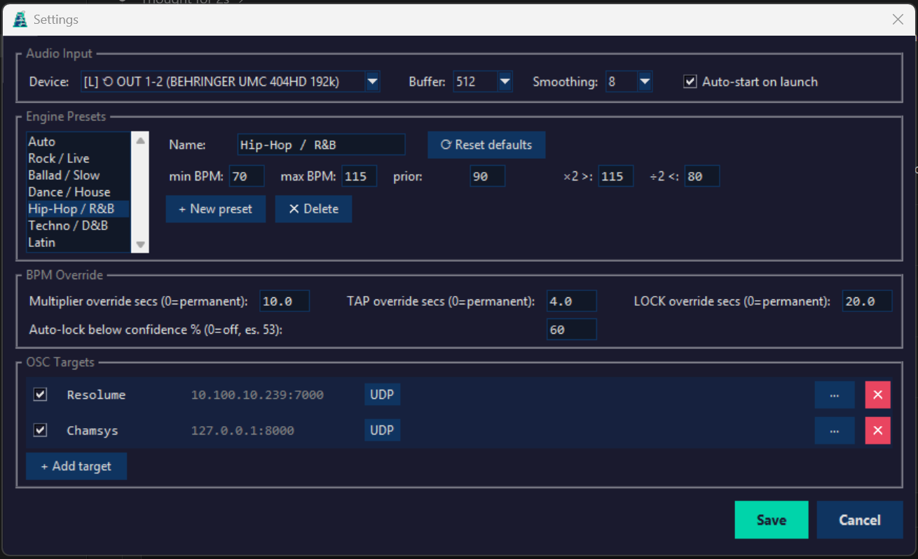 BPM2OSC Settings window showing Audio Input, Engine Presets, BPM Override and OSC Targets sections